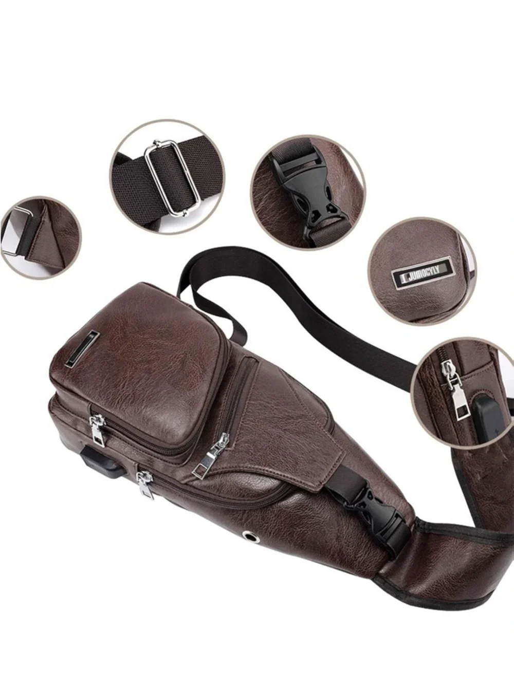 JUMO CYLY Mens Sling Bag, Leather Sling Bag with USB Charging Port Waterproof